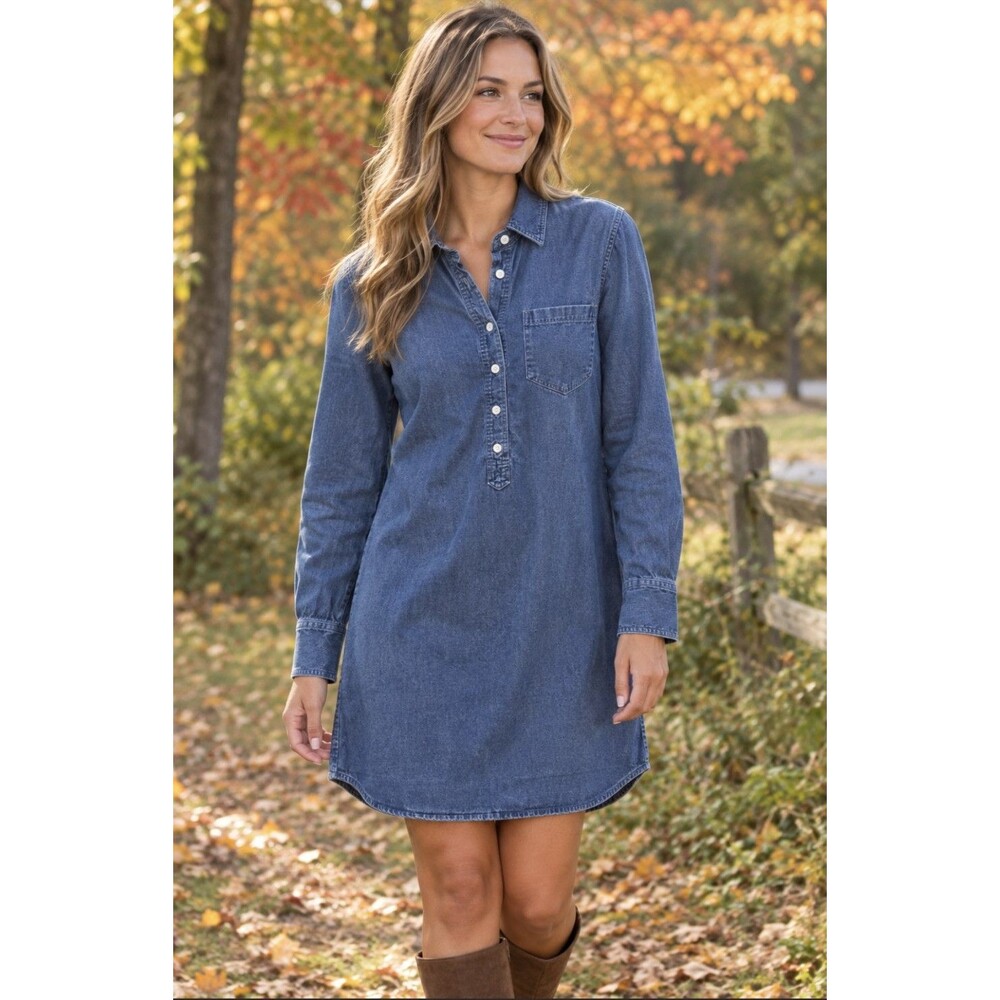 J. Crew Dress Denim Chambray Shirt Womens Sz 0 Button-Up Cotton LS Pocket